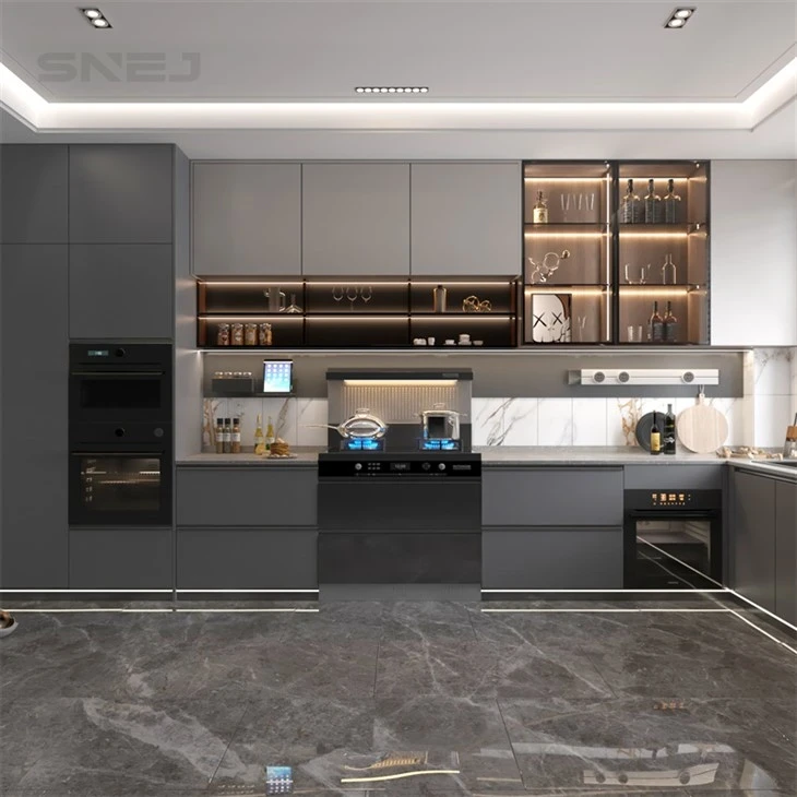 Dark grey kitchen cabinets with glass-front wall storage - Modern Grey Kitchen Cabinets by SNEJ
