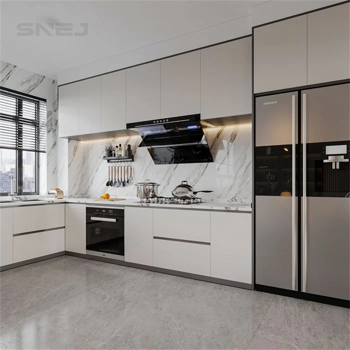 White kitchen cabinets with a tall refrigerator and black extractor hood - Ultra Modern Kitchen Cabinets by SNEJ