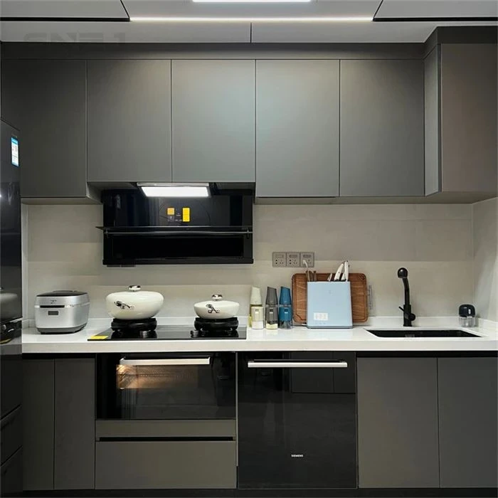 Kitchen cabinet layout showing wall cupboards, base storage and worktops - Modern Kitchen Larder Unit by SNEJ, image 2