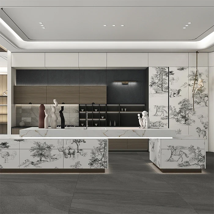 Kitchen island and tall cabinets with stone-pattern surfaces - Modern Kitchen Cupboards by SNEJ