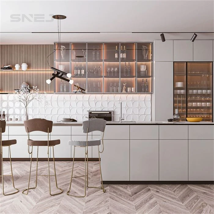 Kitchen island seating beneath glass-front display cabinets - Custom Island Cabinets by SNEJ