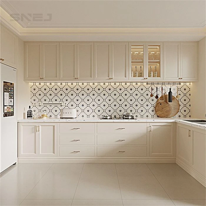 Ivory framed kitchen cabinets with patterned splashback tiles - Soft Ivory White Kitchen Cabinets by SNEJ