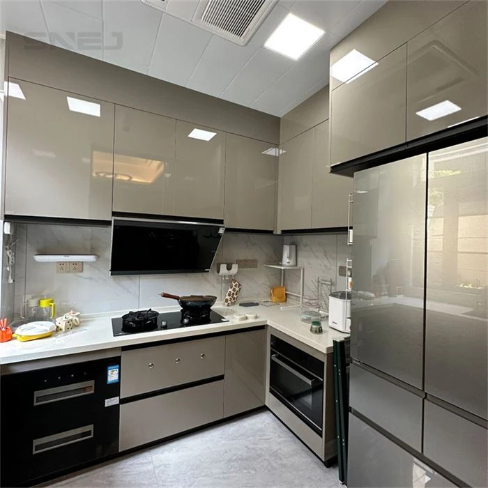 Glossy taupe kitchen cabinets with tall appliance storage - Luxury Custom Cabinets by SNEJ
