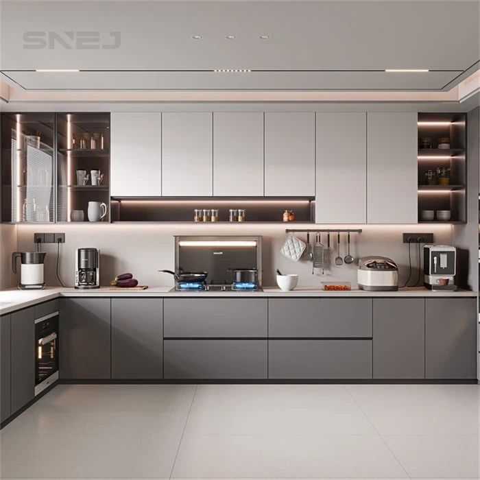 Grey kitchen cabinets with open illuminated shelving - High End Modern Kitchen Cabinets by SNEJ