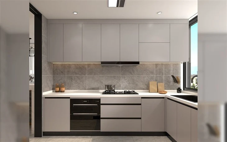 Kitchen cabinet layout showing wall cupboards, base storage and worktops - L Shaped Kitchen Cabinets by SNEJ, image 2