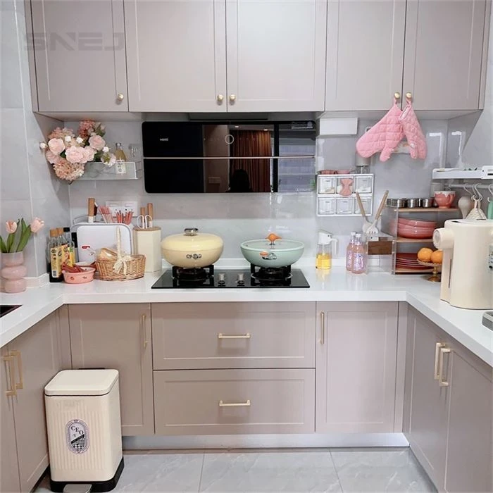 Kitchen cabinet layout showing wall cupboards, base storage and worktops - Modern Kitchen Cream Cabinets by SNEJ, image 3