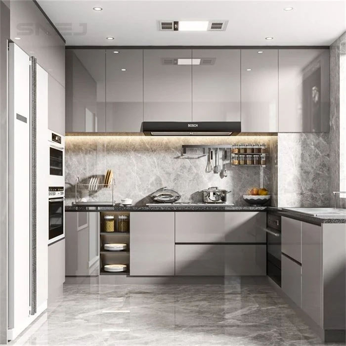 Pale kitchen cabinets with a stone-pattern splashback - Modern High Gloss Cabinets by SNEJ