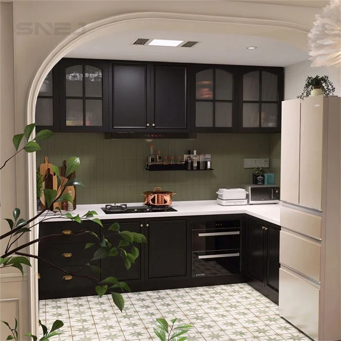 Framed kitchen cabinet doors with coordinated base and wall storage - Custom Black Cabinets by SNEJ, image 2