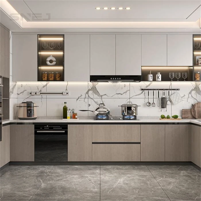 Taupe kitchen cabinets with a built-in oven and illuminated shelving - Modern Home Kitchen Cabinets by SNEJ