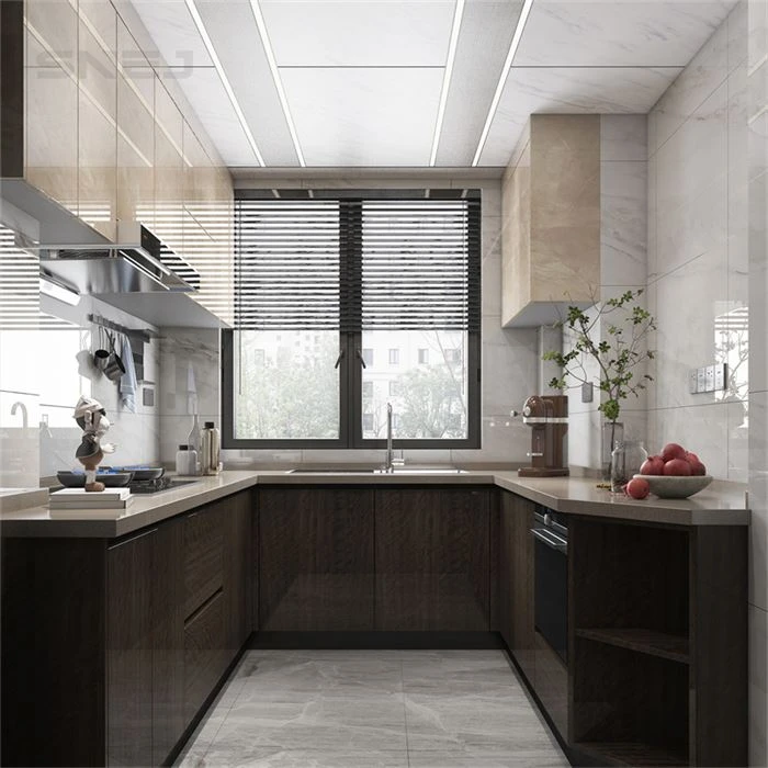 Dark wood-tone kitchen base units with pale wall cupboards - Custom Ready To Assemble Cabinets by SNEJ