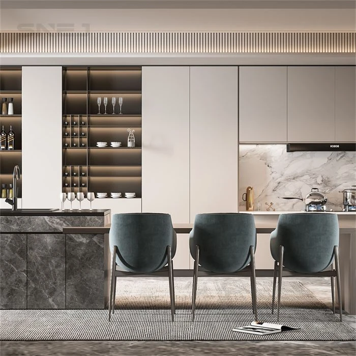 Kitchen cabinetry with illuminated shelving and three dining chairs - Custom Office Cabinetry by SNEJ