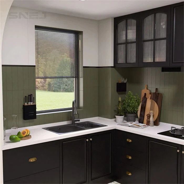 Framed kitchen cabinet doors with coordinated base and wall storage - Custom Black Kitchen Cabinets by SNEJ, image 2