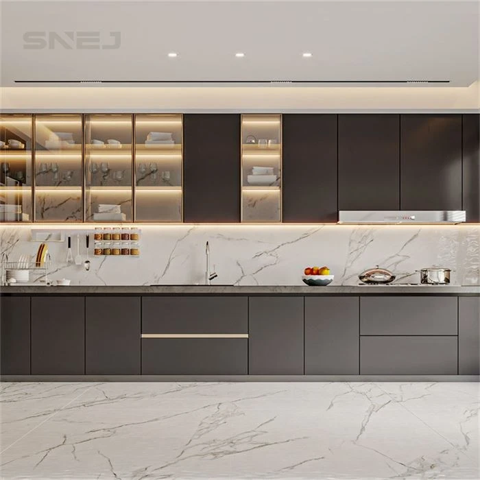 Dark kitchen cabinets with illuminated glass-front wall storage - Custom Home Cabinets by SNEJ