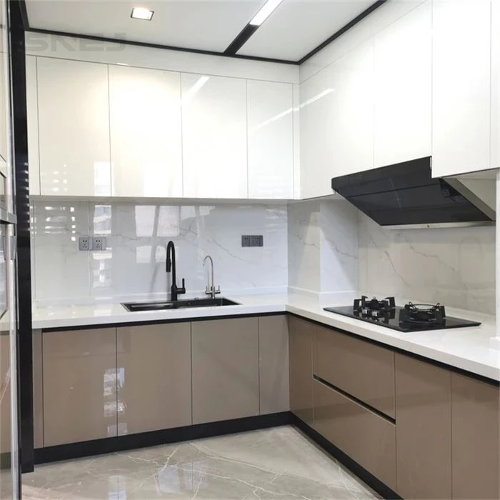 Two-tone L-shaped kitchen cabinets with a black worktop - Modern Kitchen Cabinets High Gloss by SNEJ