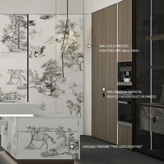 Tall kitchen cabinetry with stone-pattern panels and wood-tone doors - Modern Kitchen Cupboards by SNEJ, image 2