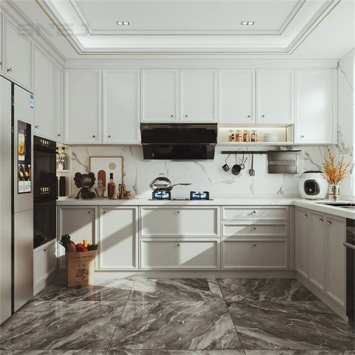 White framed kitchen cabinets with a dark extractor hood - Luxury Kitchen Cabinets For Sale by SNEJ