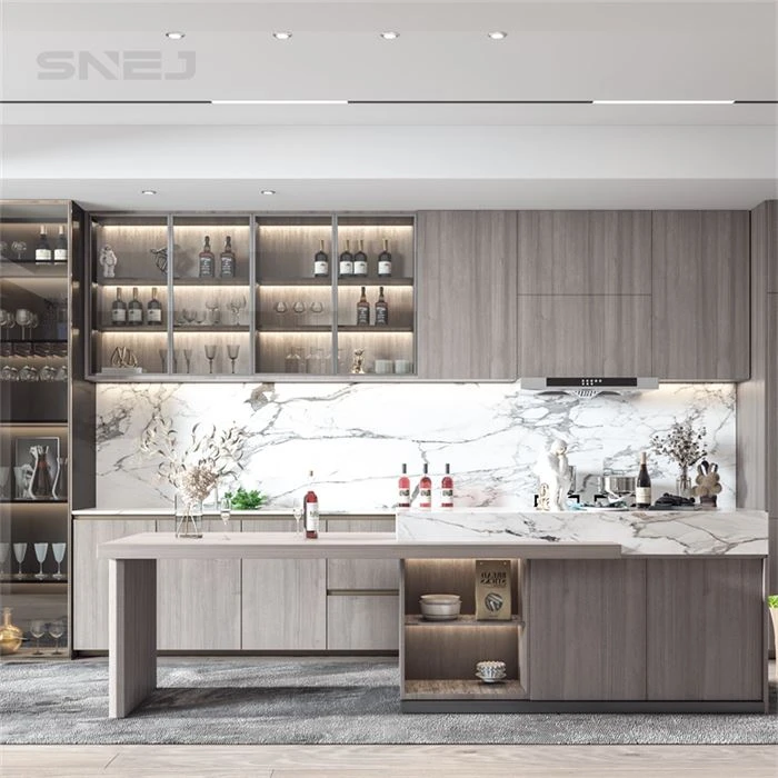 Wood-tone kitchen storage with illuminated display shelves and island - Modern Italian Cabinets by SNEJ