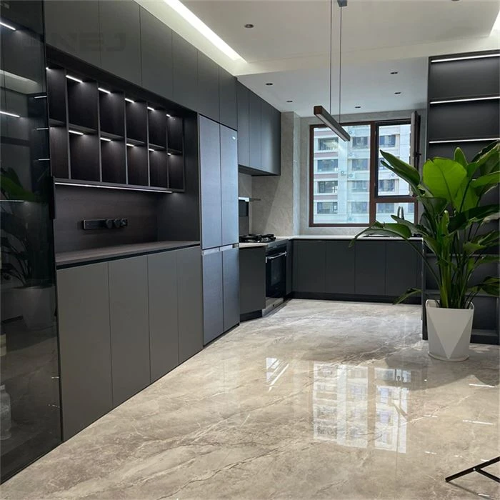 Kitchen cabinet layout showing wall cupboards, base storage and worktops - Custom Black Cabinets by SNEJ, image 3