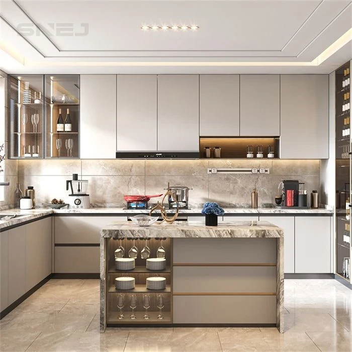 Kitchen island with open end shelving and pale wall cabinets - Custom Kitchen Island Cabinets by SNEJ