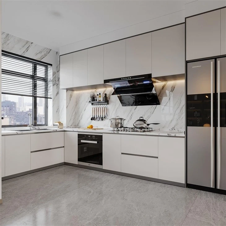 White kitchen cabinets with a tall refrigerator and black extractor hood - White Cabinet Kitchen by SNEJ