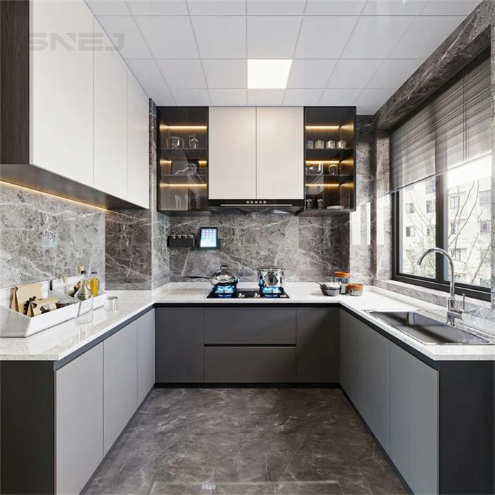 Grey U-shaped kitchen cabinets with illuminated wall shelves - Custom Kitchen And Cabinets by SNEJ