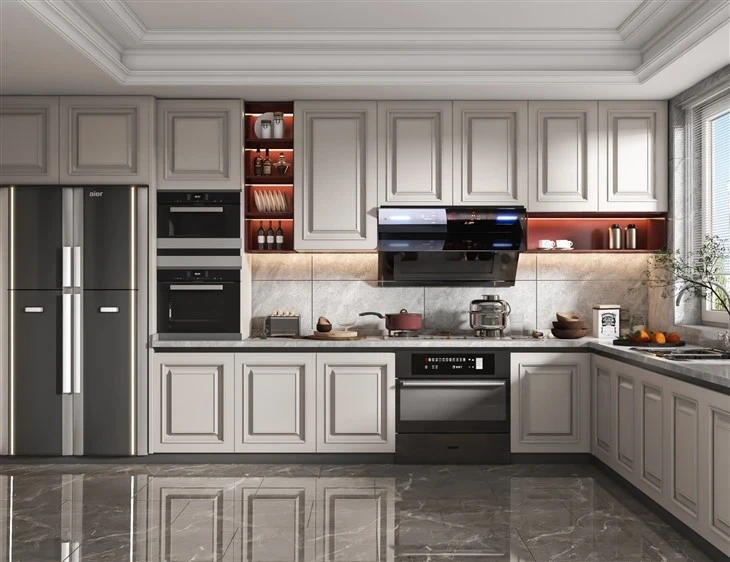 Grey framed kitchen cabinets with tall ovens and corner worktop - Mid Century Style Cabinets by SNEJ