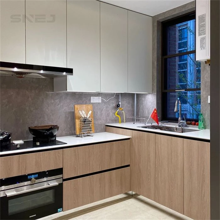 Wood-tone base cabinets beneath white flat-panel wall units - Farmhouse Modern Kitchen Cabinets by SNEJ