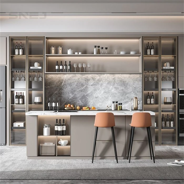 Pantry display cabinets around a counter with two stools - Modern Freestanding Pantry Cabinet by SNEJ