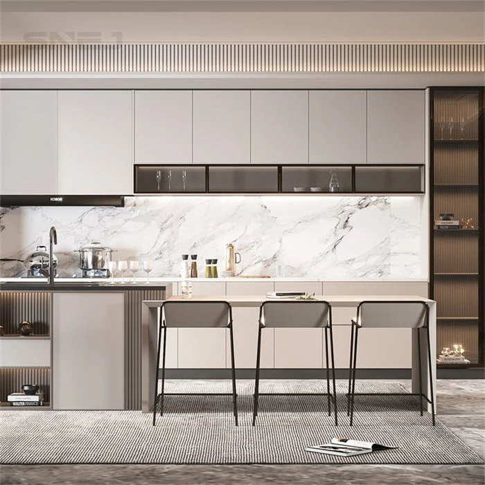 Pale kitchen island with three stools and tall display storage - High End Custom Kitchen Cabinets by SNEJ