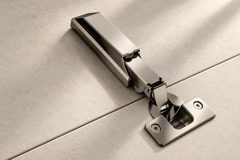 Concealed cabinet hinge on a pale surface