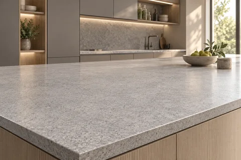 Pale stone kitchen worktop with a finished edge