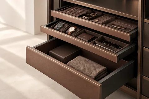 Wardrobe drawers with divided accessory trays