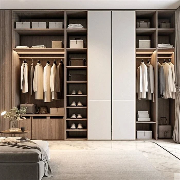 Bedroom wardrobe combining pale doors and open clothing storage - Custom Open Wardrobe by SNEJ