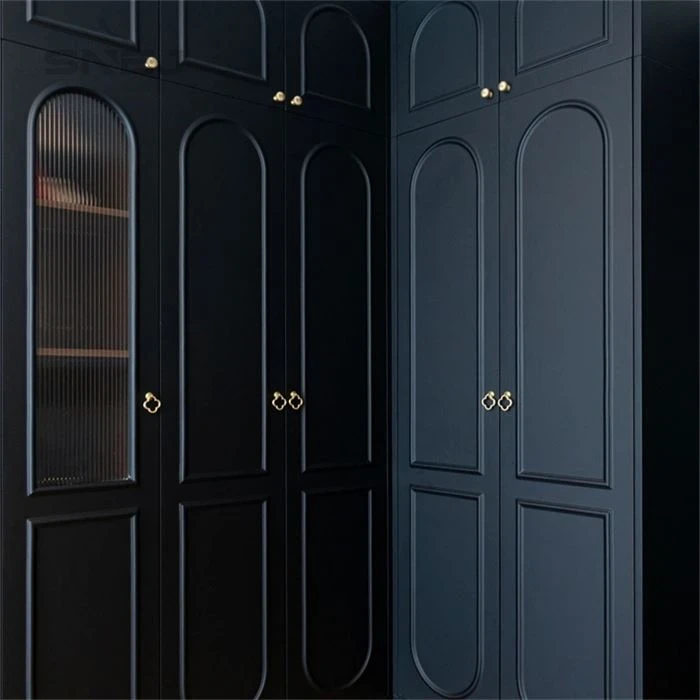Dark blue wardrobe doors with arched panel detailing - Open Black Wardrobe by SNEJ