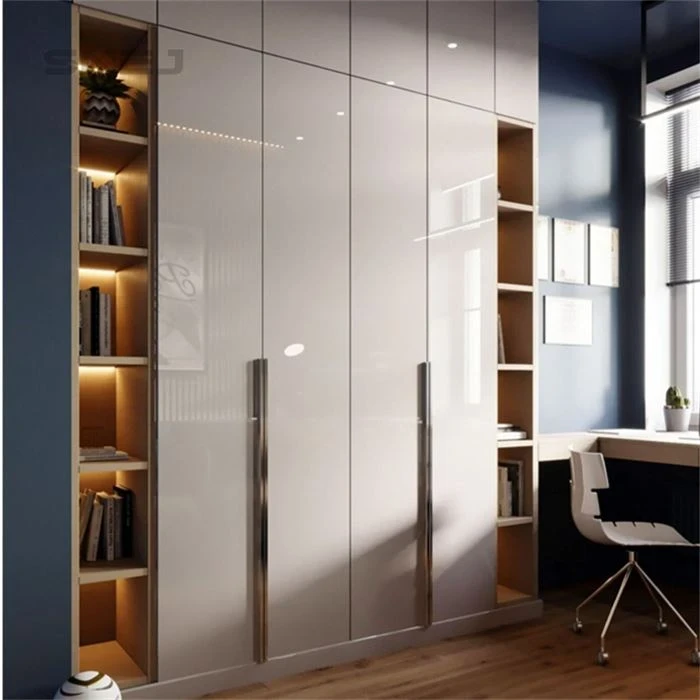 Glossy wardrobe doors beside illuminated shelves and a desk - Open Pantry Closet by SNEJ