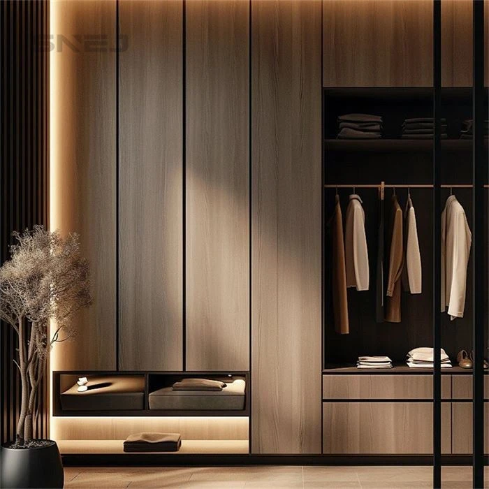 Wood-tone wardrobe with an illuminated open hanging section - Big Open Closet by SNEJ