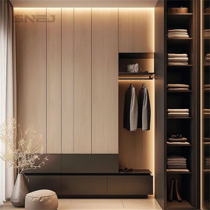 Wood-tone wardrobe with an open hanging niche and tall shelving - Open Face Closet by SNEJ