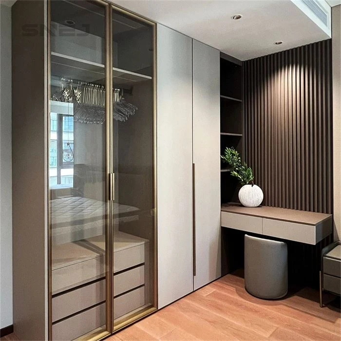 Glass-front wardrobe beside a dressing table and fluted wall - Wood Open Closet by SNEJ