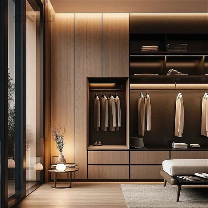 Wood-tone wardrobe with open hanging rails, shelves and drawers - Open Closet Solutions by SNEJ