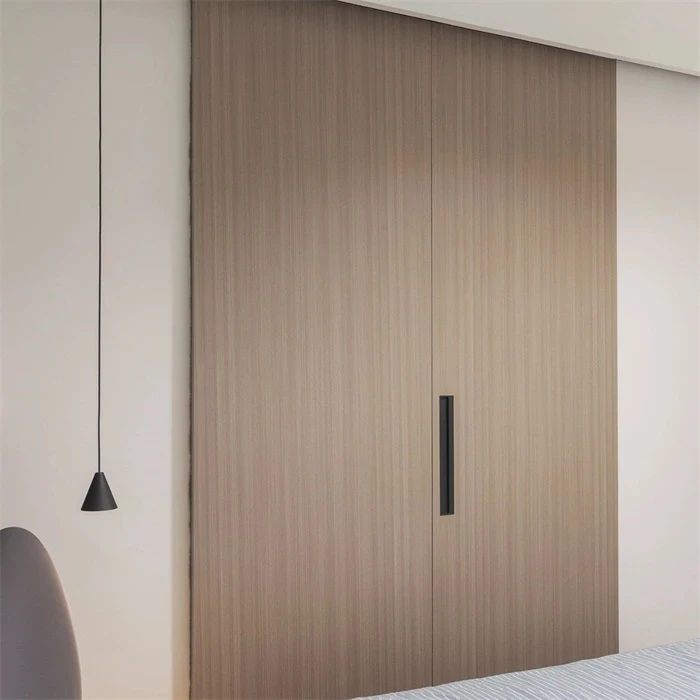 Wood-grain wardrobe panels with a dark recessed handle - Sliding Wardrobe 4 Doors by SNEJ, image 2