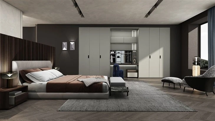 Bedroom view with fitted wardrobes surrounding a central desk niche - Wardrobe Double Doors by SNEJ, image 2