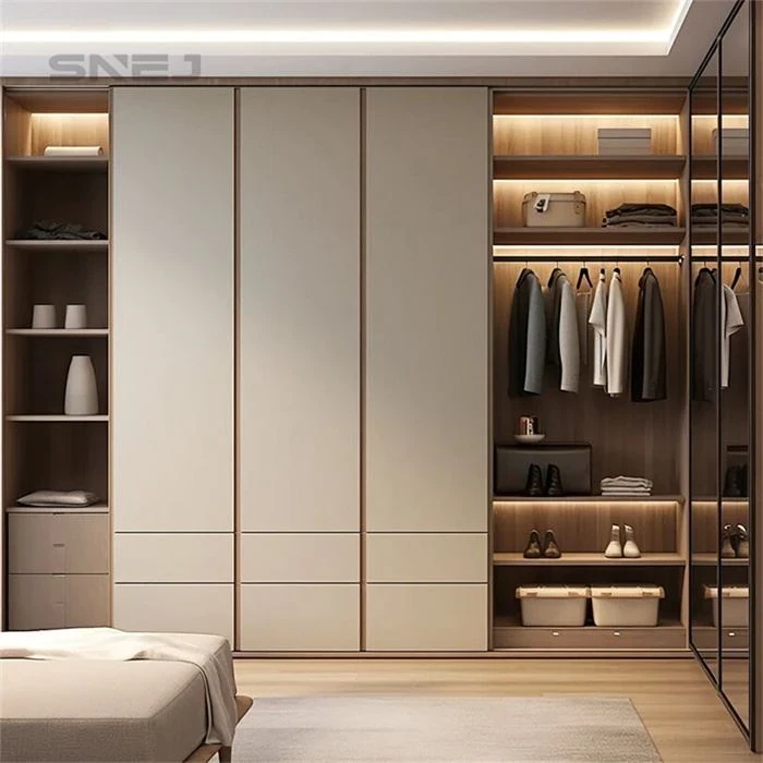 Wardrobe with pale central doors and illuminated side storage - Open Wardrobe Closet With Drawers by SNEJ