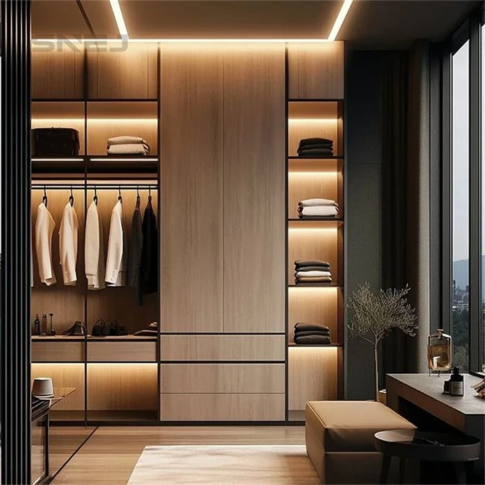 Wood-tone wardrobe with hanging rails, drawers and lit side shelves - Open Wardrobe Clothes Rack by SNEJ