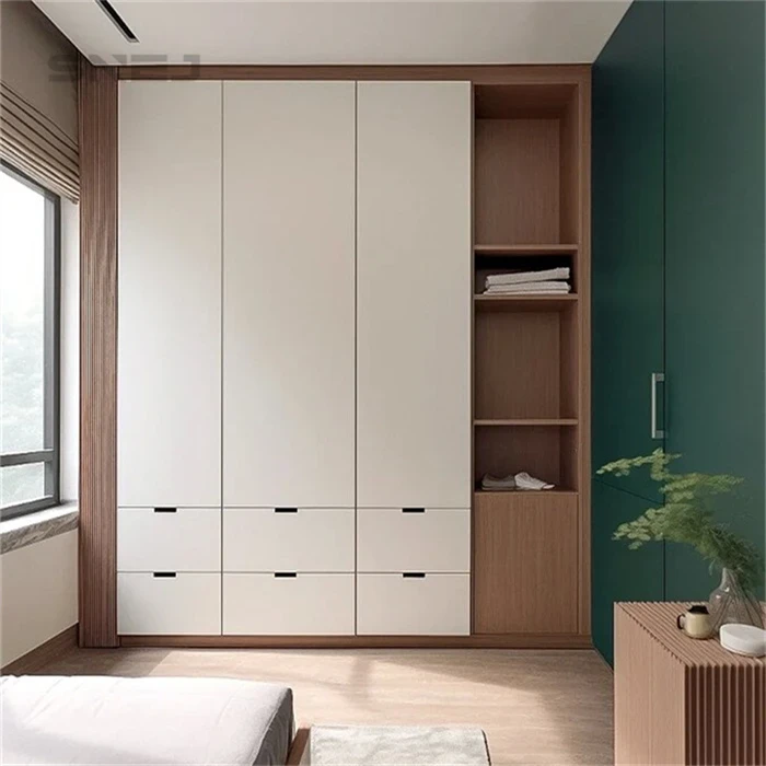 White bedroom wardrobe with lower drawers and wood-tone shelves - Open Wardrobe Sale by SNEJ