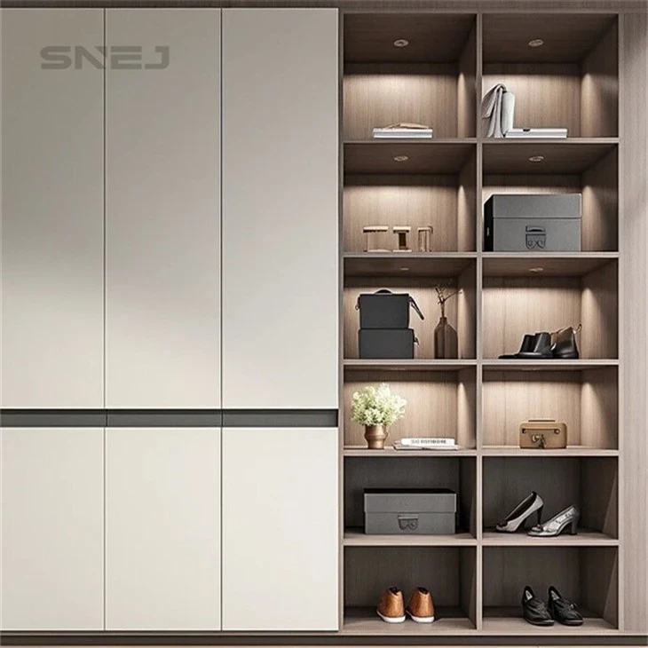 Pale wardrobe doors beside illuminated open display shelves - Wall Mounted Open Wardrobe by SNEJ