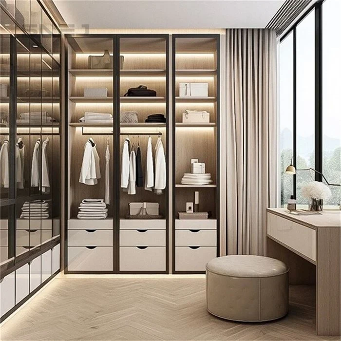 Walk-in wardrobe with glass fronts and stacked drawers - Industrial Open Wardrobe With Drawers by SNEJ