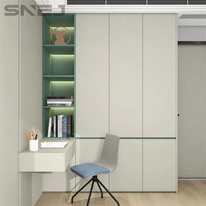 Pale wardrobe with illuminated side shelves and a desk - Bedroom With Open Wardrboe by SNEJ