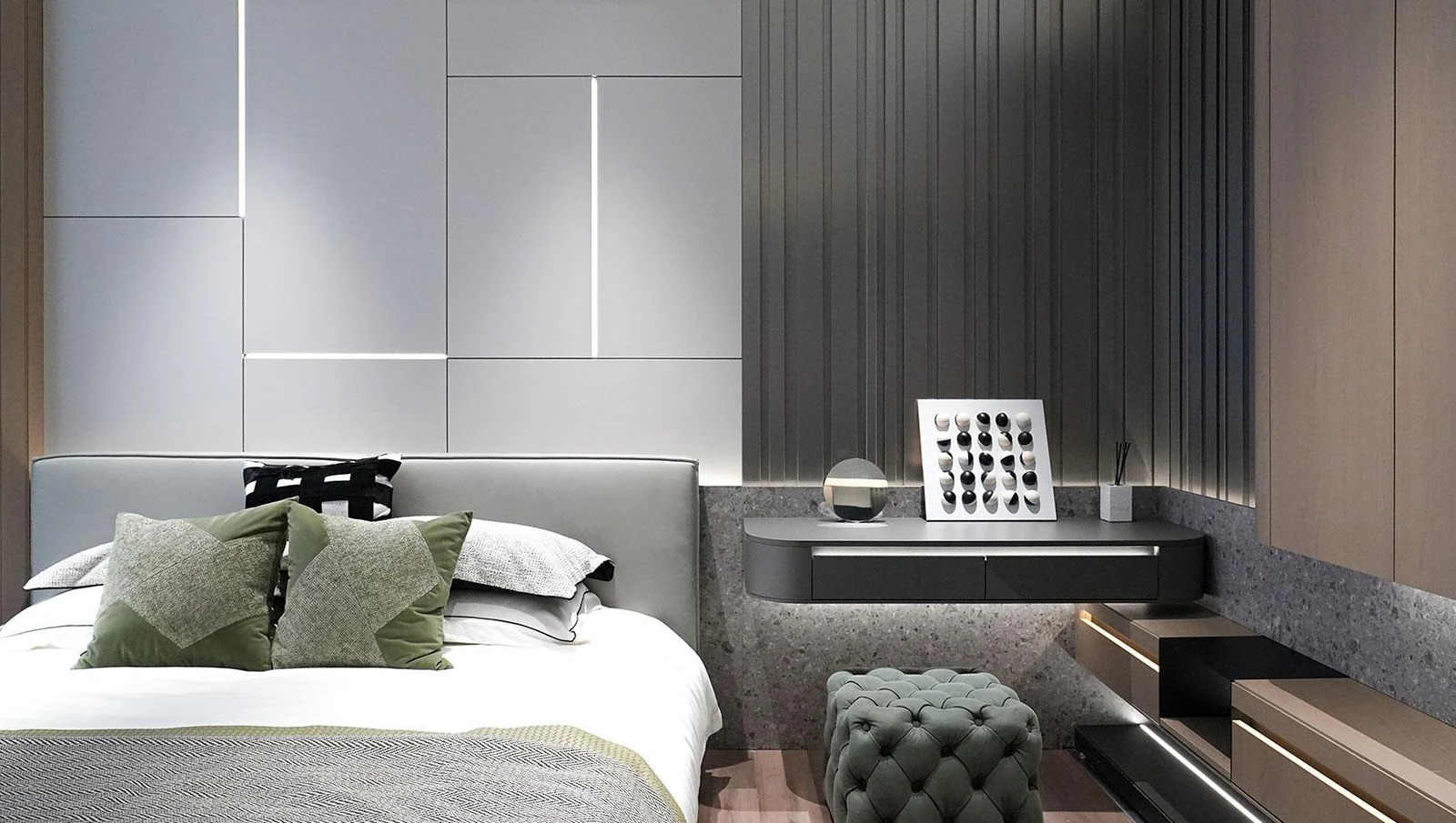 Bedroom with pale wall panels, dark vertical fluting and a fitted dressing desk