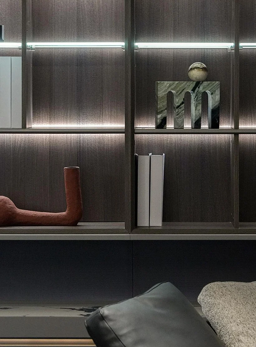 Illuminated display shelves against vertically textured dark backing