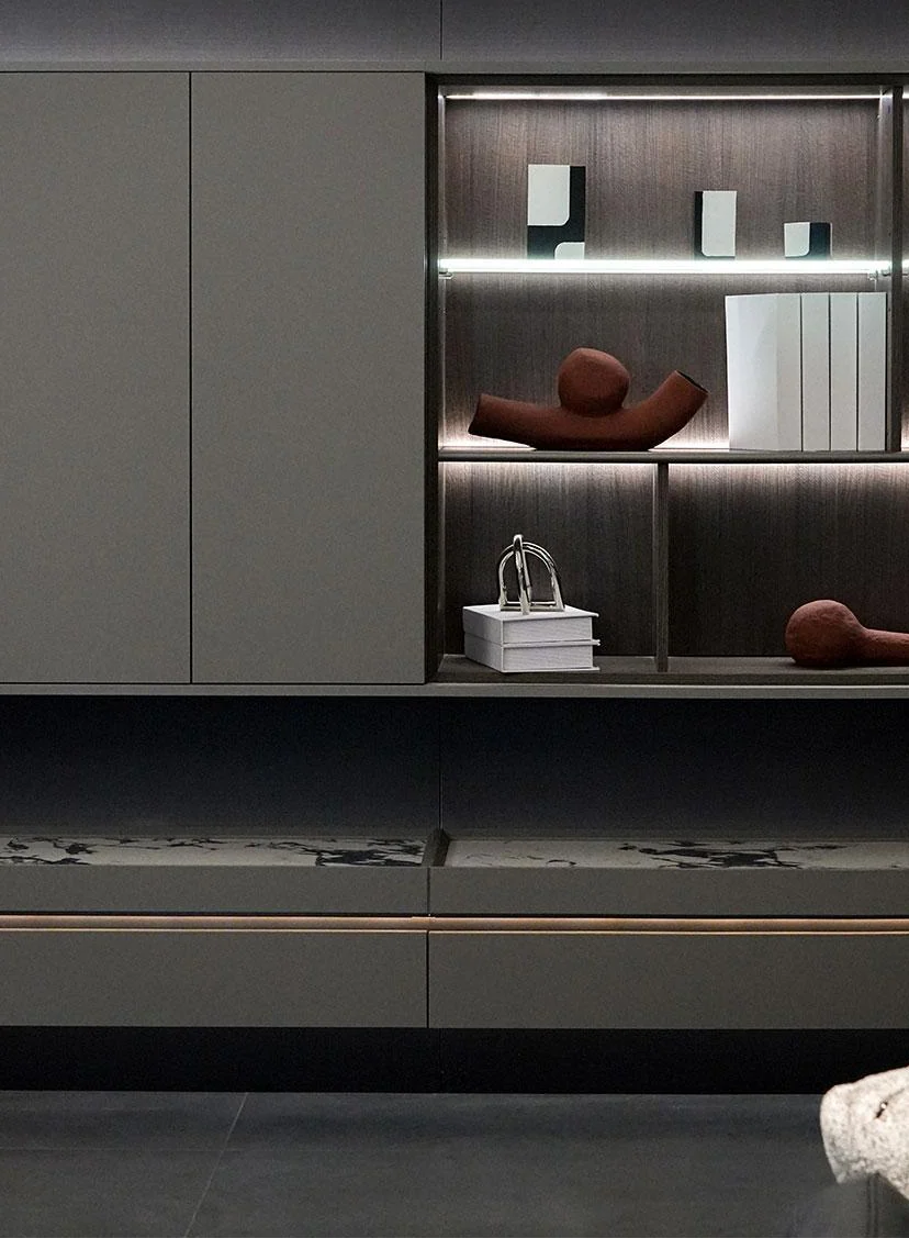 Dark media cabinetry with open display shelves and integrated linear lighting